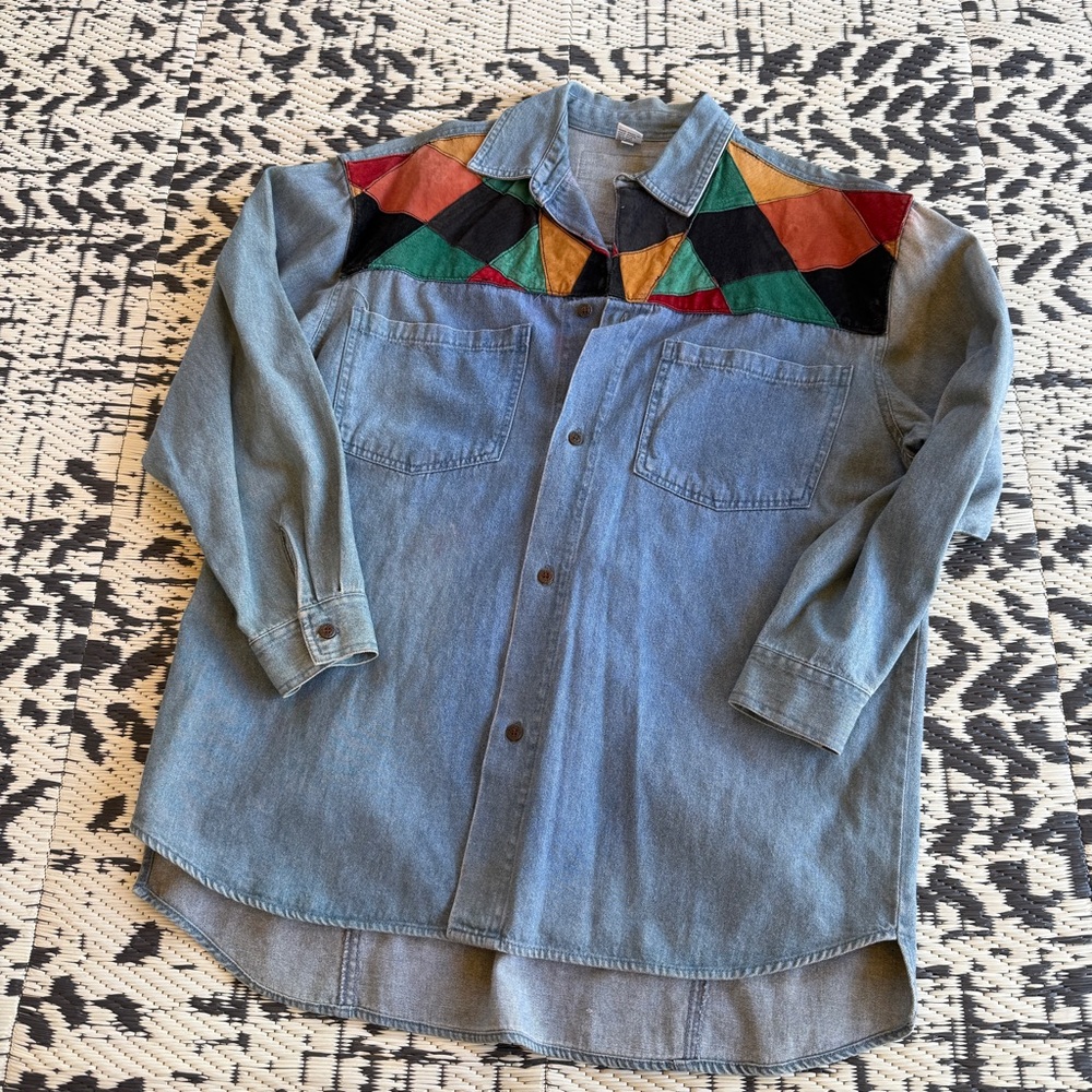 Don’t Stop Brand Leather Denim Patchwork Button Up